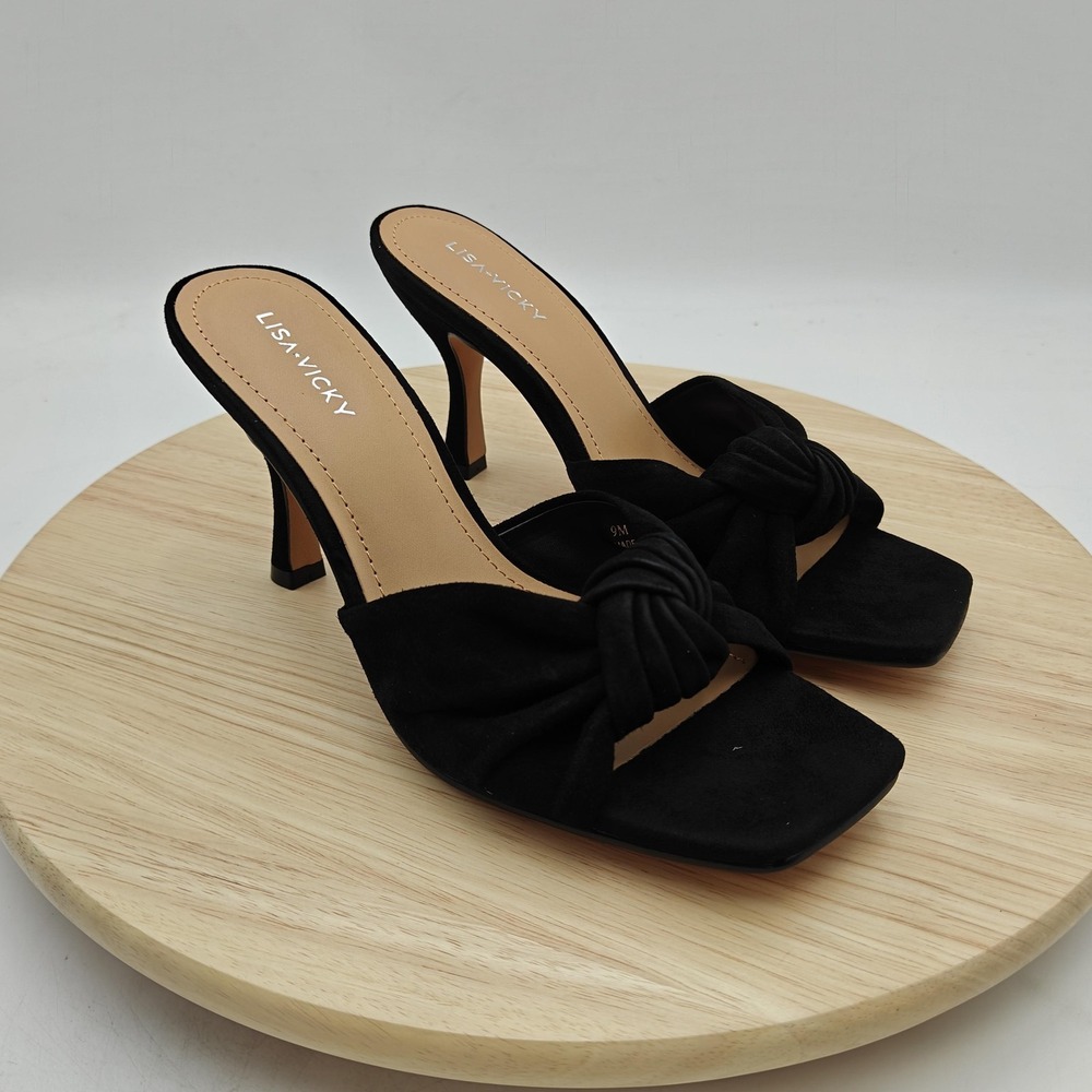 Lisa Vicky Shoes Womens Size 9 Black Suede Mule Stiletto Heels Open Toe Slip On